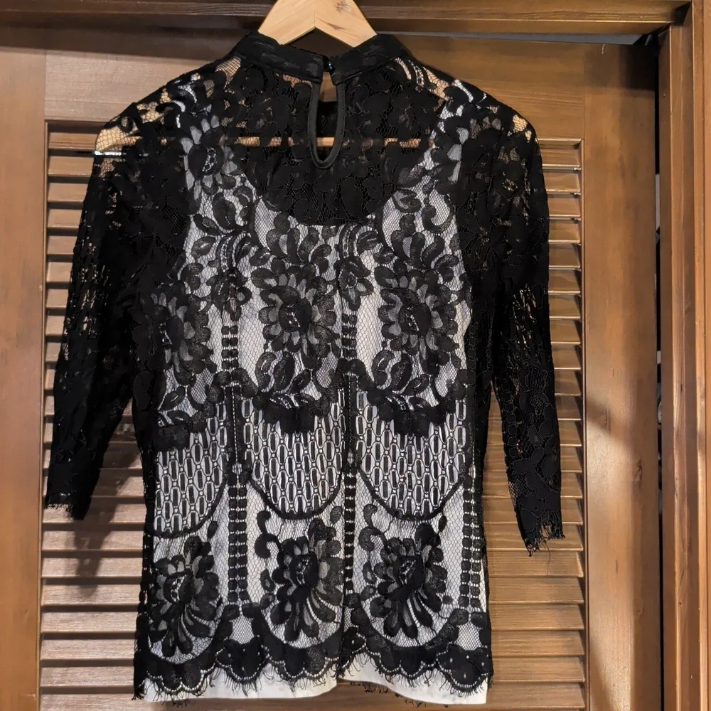 Black Lace Top With 3/4 Sleeves And Mock Neckline - Picture 3 of 5